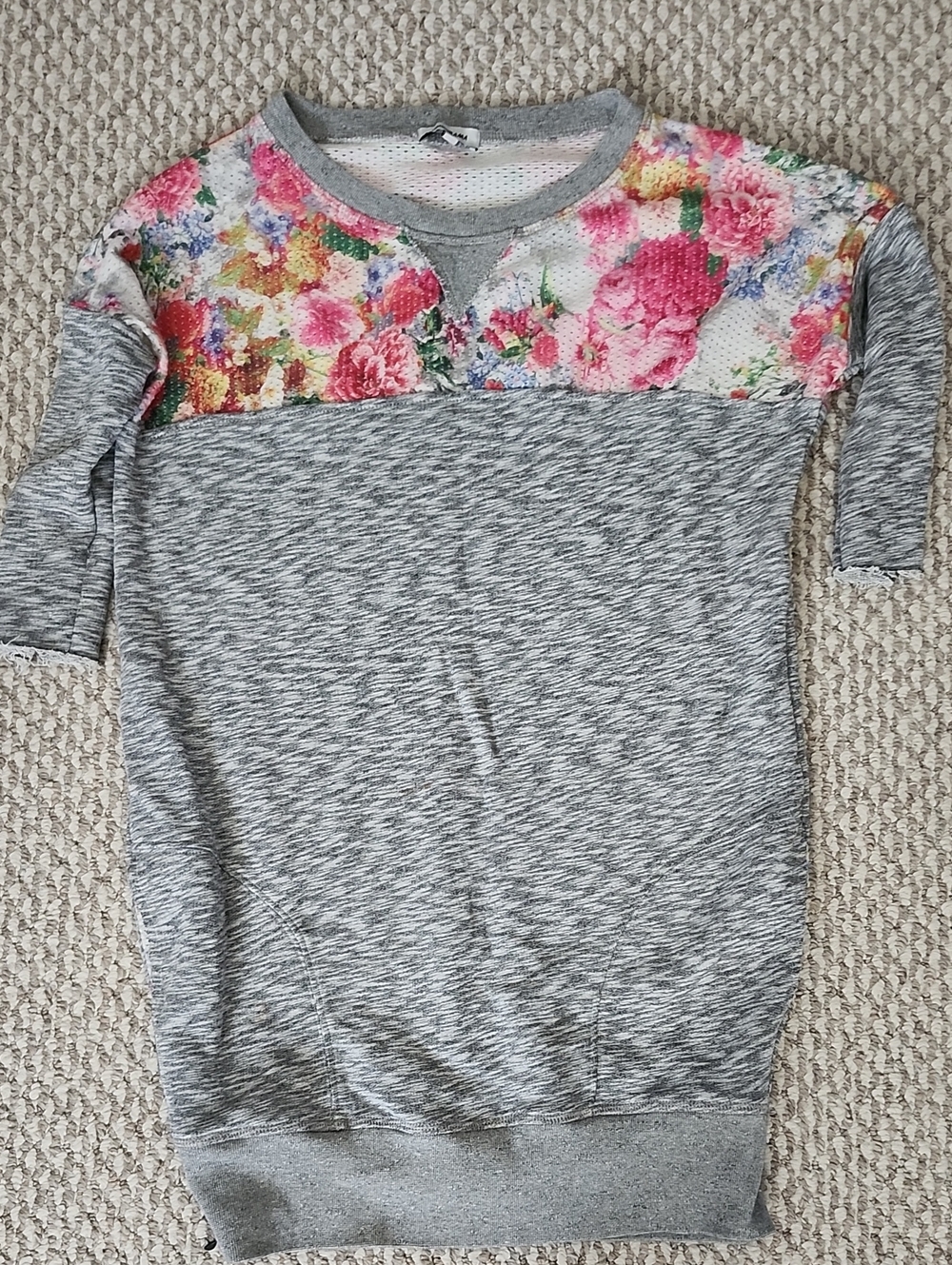 Gray Heather Sweatshirt Dress with Pink Floral Yoke